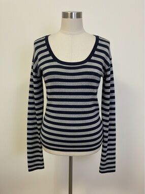 Vince Cashmere Navy and Light Gray Striped Scoop Neck Knit